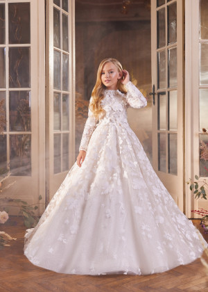 Long Sleeves Beaded Ivory Floral Lace Tulle Sparkly Flower Girl Dress